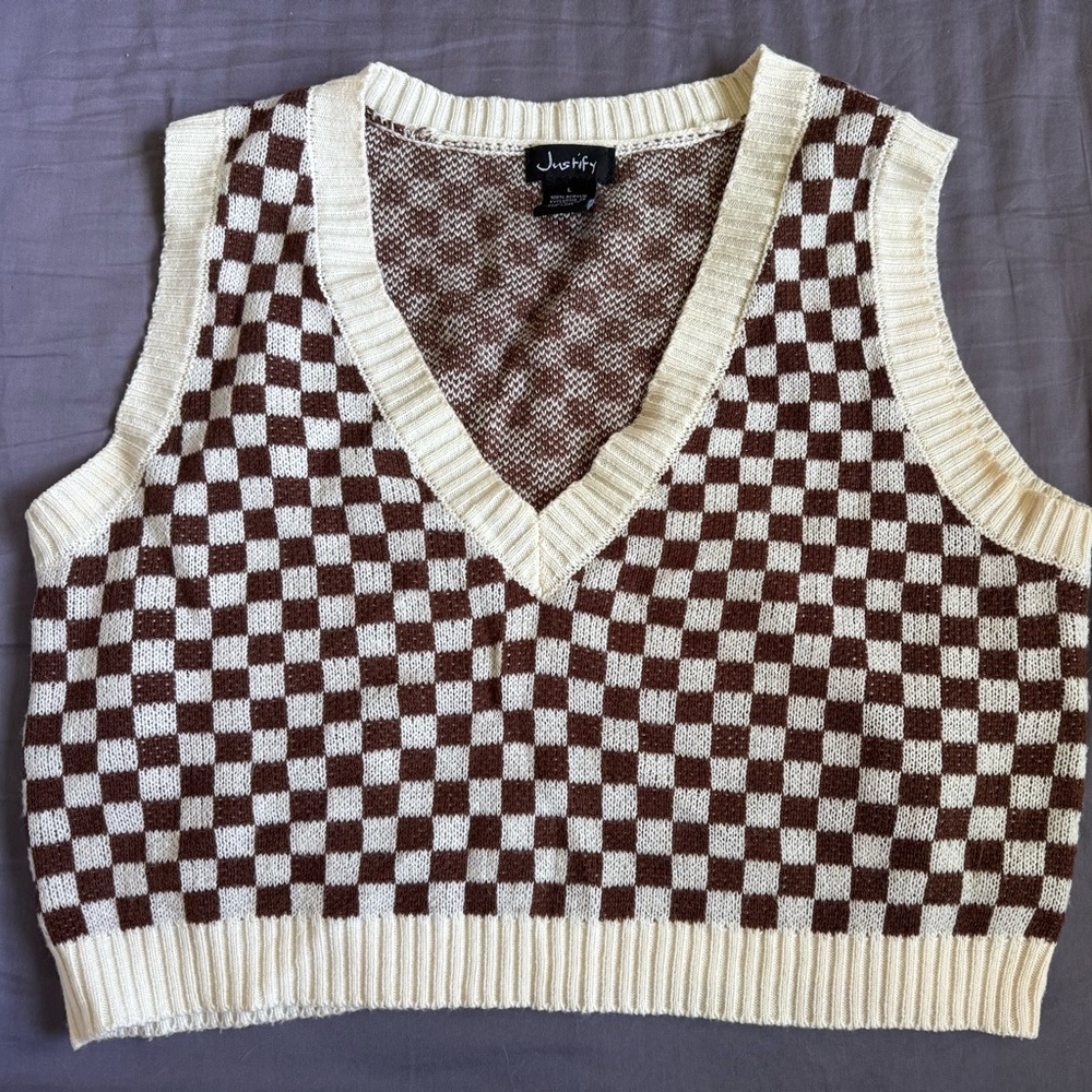 Brown and Cream Checkered Knit Vest